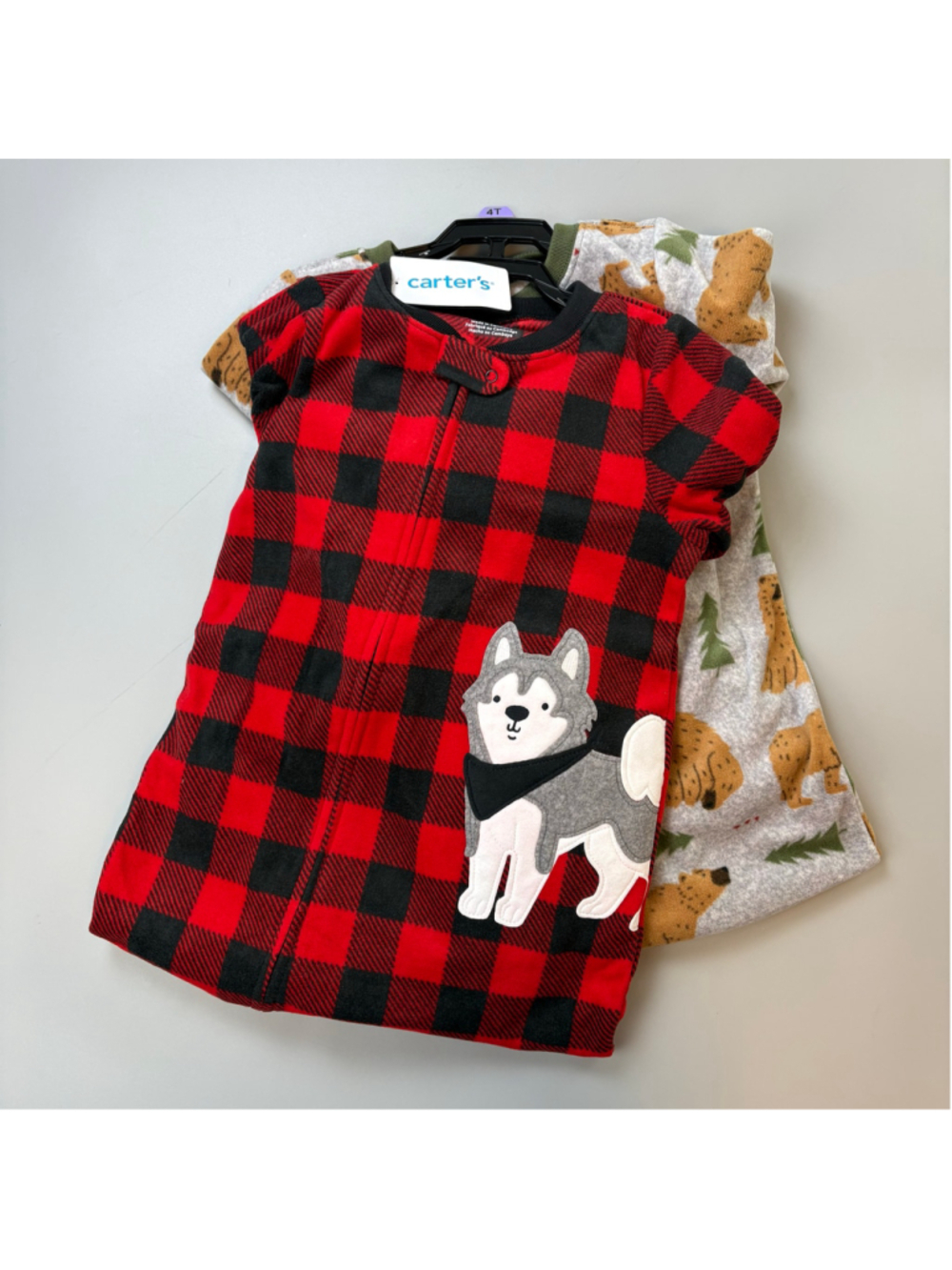 Carter's Pajama Set 4T Fleece Footed Red Black Grey Bear Dog Buffalo Plaid NEW